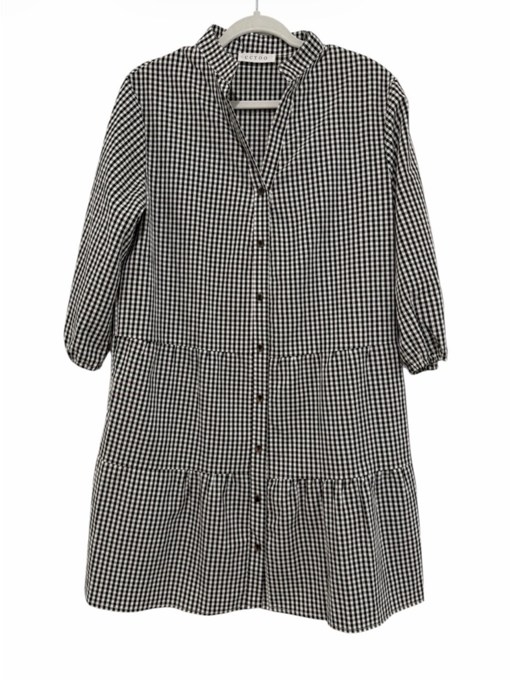CCTOO Black & White Gingham Button-Front Midi Dress tiered babydoll Medium